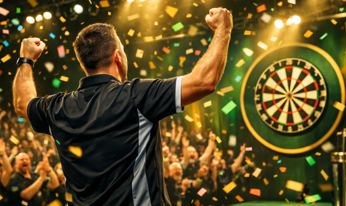 Belgische darter viert een overwinning op het podium met het publiek