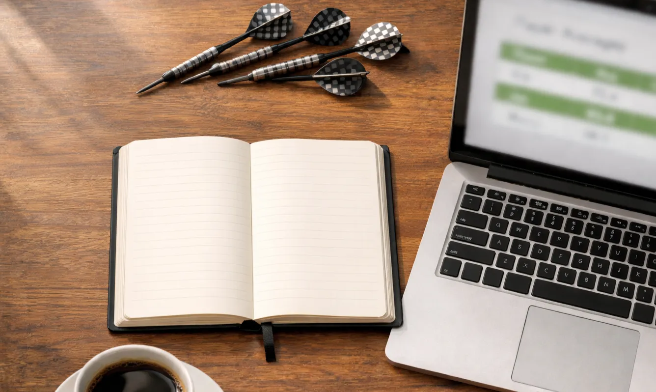 Notitieboek met dartsstatistieken en een laptop met spelersdata voor analyse