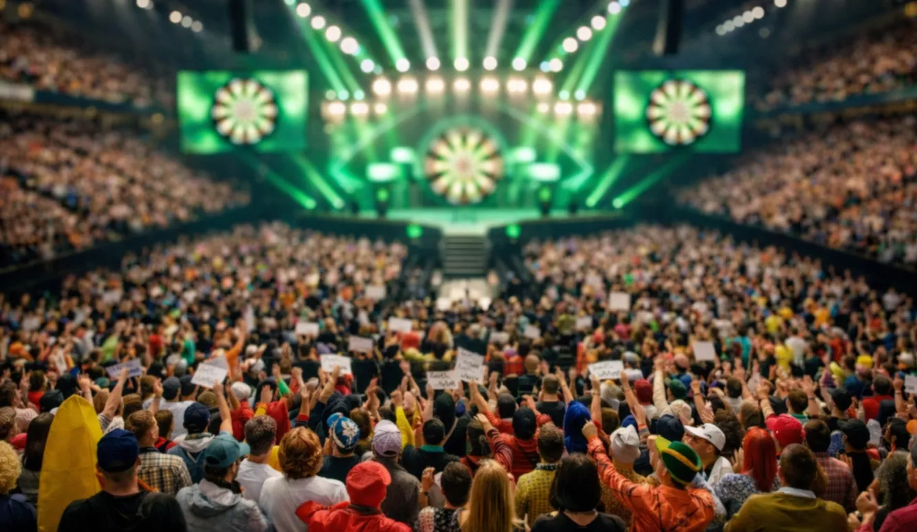 Uitverkochte dartsarena met enthousiast publiek tijdens een groot toernooi